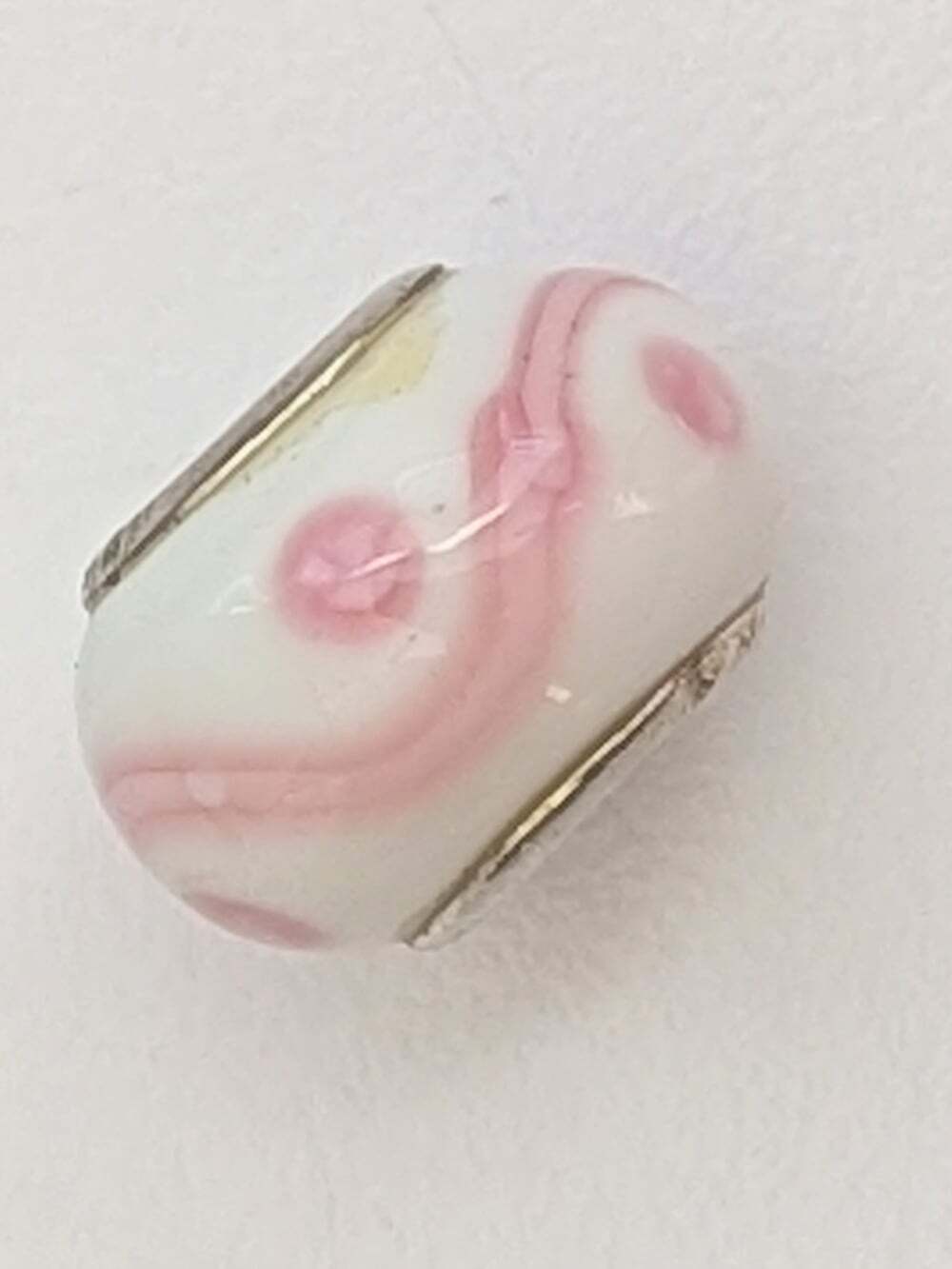 Pandora-Style White Glass 925 Silver Charm Bead w/Soft Pink Swirls & Dots